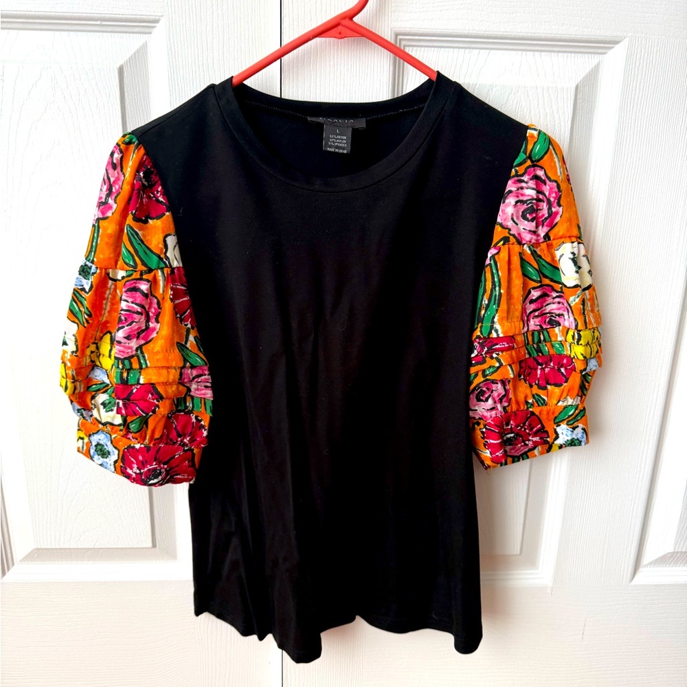 Gracia Woman’s Large Black Stretch Shirt Orange Floral Puff Sleeve NWOT